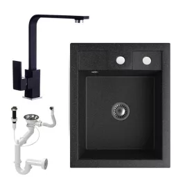   Gránit Mosogató NERO Parma + Design csaptelep + dugókiemelő + szifon (fekete)