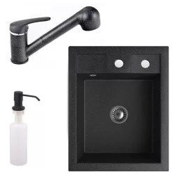   Gránit mosogató NERO Parma + kihúzható zuhanyfejes Shower csaptelep + adagoló + szifon (fekete)
