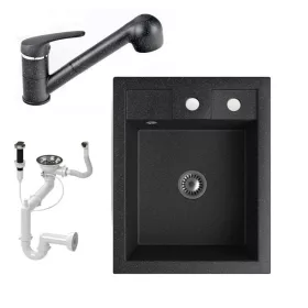  Gránit Mosogató NERO Parma + kihúzható zuhanyfejes Shower csaptelep + dugókiemelő + szifon (fekete)