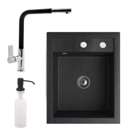   Gránit mosogató NERO Parma + kihúzható Linea csaptelep + adagoló + szifon (fekete)