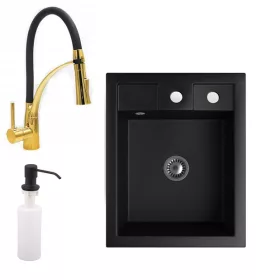   Gránit Mosogató NERO Parma + kihúzható zuhanyfejes Duo-Flex Gold csaptelep + adagoló + szifon (matt fekete)