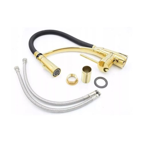 Gránit Mosogató NERO Parma + kihúzható zuhanyfejes Duo-Flex Gold csaptelep + arany adagoló + szifon (matt fekete)