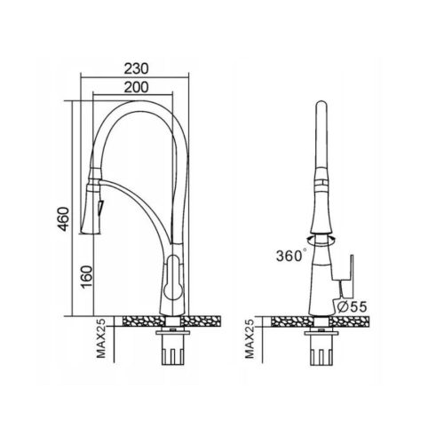 Gránit Mosogató NERO Parma + kihúzható zuhanyfejes Duo-Flex Gold csaptelep + arany adagoló + szifon (matt fekete)