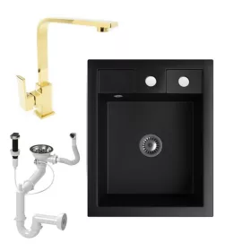   Gránit Mosogató NERO Parma + Design Gold csaptelep + duegókiemelő + szifon (matt fekete)