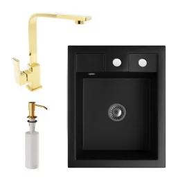   Gránit Mosogató NERO Parma + Design Gold csaptelep + arany adagoló + szifon (matt fekete)