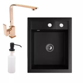   Gránit Mosogató NERO Parma + Design Rose-Gold csaptelep + adagoló + szifon (matt fekete)