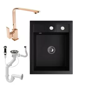   Gránit Mosogató NERO Parma + Design Rose-Gold csaptelep + dugókiemelő + szifon (matt fekete)