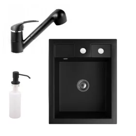   Gránit Mosogató NERO Parma + kihúzható zuhanyfejes Shower csaptelep + adagoló + szifon (matt fekete)
