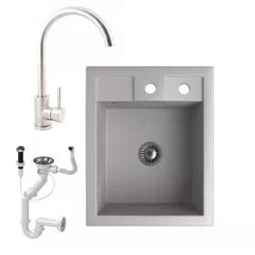   Gránit mosogató NERO Parma + magasított inox csaptelep + dugókiemelő + szifon (szürke)