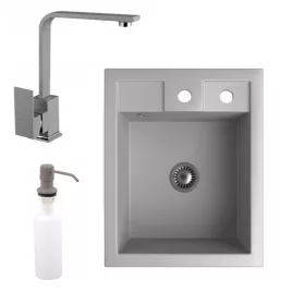   Gránit Mosogató NERO Parma + Design csaptelep + adagoló + szifon (szürke)