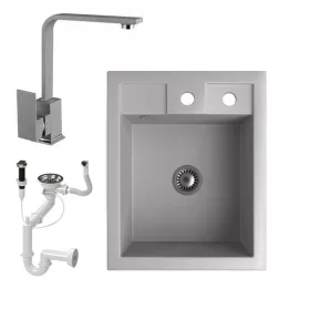   Gránit Mosogató NERO Parma + Design csaptelep + dugóemelő + szifon (szürke)