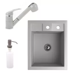   Gránit Mosogató NERO Parma + kihúzható zuhanyfejes Shower csaptelep + adagoló + szifon (szürke)