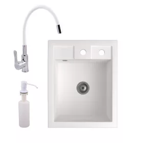   Gránit mosogató NERO Parma + flexibilis csaptelep + adagoló + szifon (fehér)