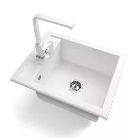  Gránit Mosogató NERO Parma + Design csaptelep + adagoló + szifon (fehér)