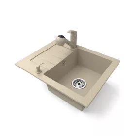   Gránit mosogatótálca NERO Monza + kihúzható zuhanyfejes Shower csaptelep + adagoló (bézs)