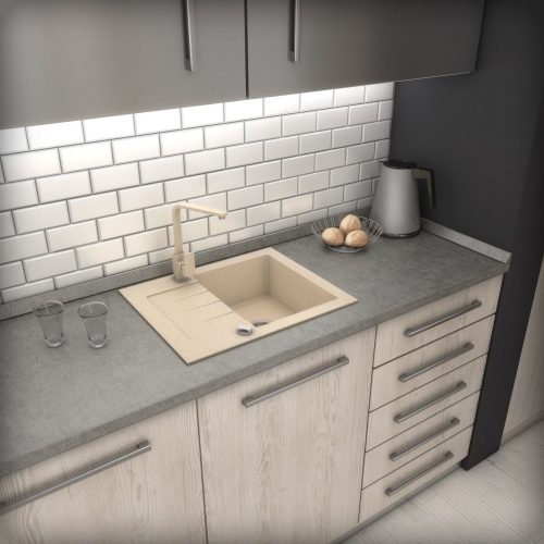 Gránit mosogatótálca NERO Monza + Design csaptelep + adagoló (bézs)