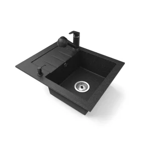   Gránit mosogatótálca NERO Monza + kihúzható zuhanyfejes Shower csaptelep + dugókiemelő (fekete)