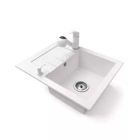   Gránit mosogatótálca NERO Monza + kihúzható zuhanyfejes Shower csaptelep + adagoló (fehér)