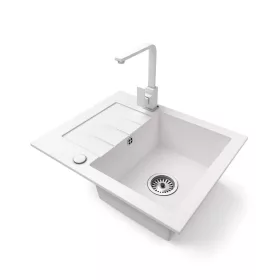   Gránit mosogatótálca NERO Monza + Design csaptelep + adagoló (fehér)