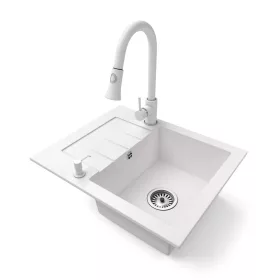   Gránit mosogatótálca NERO Monza + kihúzható zuhanyfejes Snake csaptelep + adagoló (fehér)