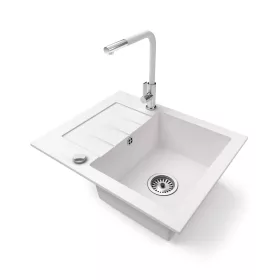   Gránit mosogatótálca NERO Monza + kihúzható Linea csaptelep + dugókiemelő (fehér)