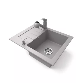   Gránit mosogatótálca NERO Monza + kihúzható zuhanyfejes Shower csaptelep + dugókiemelő (szürke)