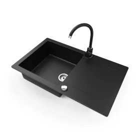   Gránit mosogatótálca NERO Gold + magasított csaptelep + dugókiemelő (matt fekete)