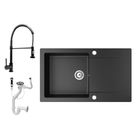   Gránit mosogatótálca NERO Gold + zuhanyfejes Loop-Spiral csaptelep + dugókiemelő (matt fekete)