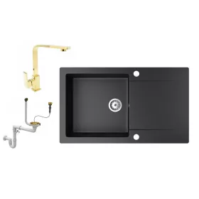   Gránit mosogatótálca NERO Gold + Design Gold csaptelep + dugókiemelő (matt fekete)