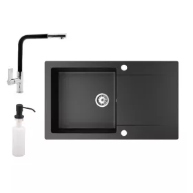   Gránit mosogatótálca NERO Gold + kihúzható Linea csaptelep + adagoló (matt fekete)