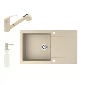   Gránit mosogató NERO Gold + kihúzható zuhanyfejes Shower csaptelep + adagoló (bézs)