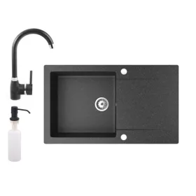   Gránit mosogató NERO Gold + magasított csaptelep + adagoló (fekete)