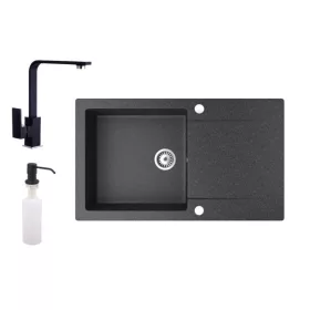   Gránit mosogató NERO Gold + Design csaptelep + adagoló (fekete)