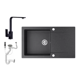   Gránit mosogató NERO Gold + Design csaptelep + dugókiemelő (fekete)