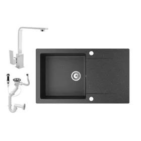   Gránit mosogató NERO Gold + Design króm csaptelep + dugókiemelő (fekete)