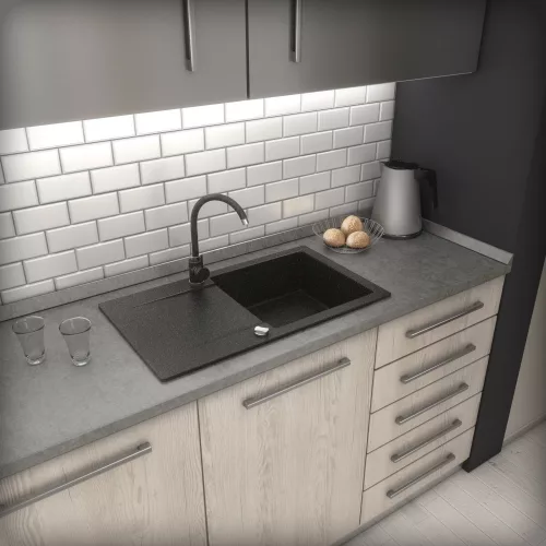 Gránit mosogató NERO Gold + Design króm csaptelep + dugókiemelő (fekete)