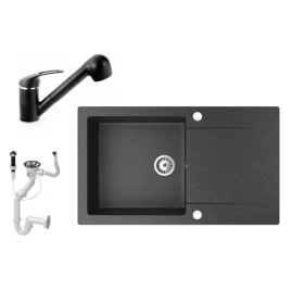   Gránit mosogató NERO Gold + kihúzható zuhanyfejes Shower csaptelep + dugókiemelő (fekete)