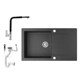   Gránit mosogató NERO Gold + kihúzható Linea csaptelep + dugókiemelő (fekete)