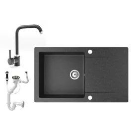   Gránit mosogató NERO Gold + Steel csaptelep + dugókiemelő (fekete)