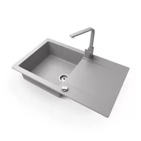   Gránit mosogató NERO Gold + Design csaptelep + dugókiemelő (szürke)