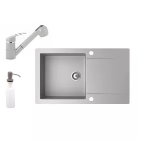   Gránit mosogató NERO Gold + kihúzható zuhanyfejes Shower csaptelep + adagoló (szürke)