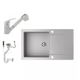   Gránit mosogató NERO Gold + kihúzható zuhanyfejes Shower csaptelep + dugókiemelő (szürke)