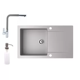   Gránit mosogató NERO Gold + kihúzható Linea csaptelep + adagoló (szürke)