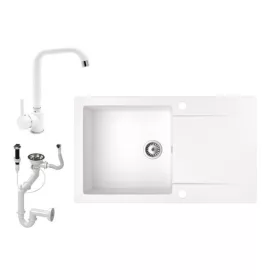   Gránit mosogató NERO Gold + Steel csaptelep + dugókiemelő (fehér)