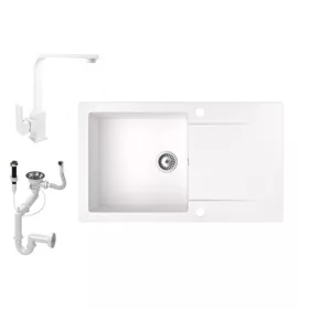   Gránit mosogató NERO Gold + Design csaptelep + dugókiemelő (fehér)