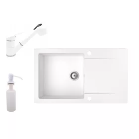   Gránit mosogató NERO Gold + kihúzható zuhanyfejes Shower csaptelep + adagoló (fehér)
