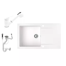   Gránit mosogató NERO Gold + kihúzható zuhanyfejes Shower csaptelep + dugókiemelő (fehér)