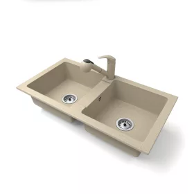   Gránit mosogató NERO Lybra + kihúzható zuhanyfejes Shower csaptelep + szifon (bézs)