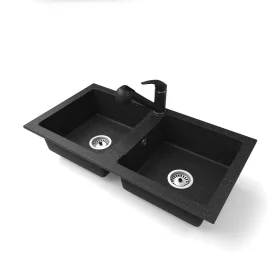   Gránit mosogató NERO Lybra + kihúzható zuhanyfejes Shower csaptelep + szifon (fekete)