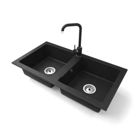   Gránit mosogató NERO Lybra + Steel csaptelep + szifon (fekete)